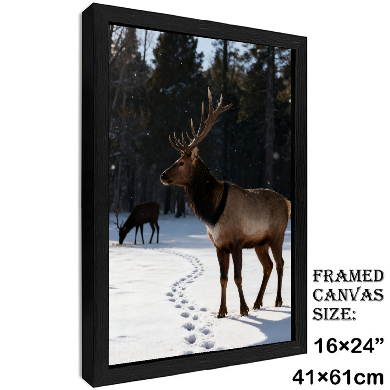 Art mural rétro noir encadré cerf dans la neige, impressions de style rétro, H 25 po x l 17 po