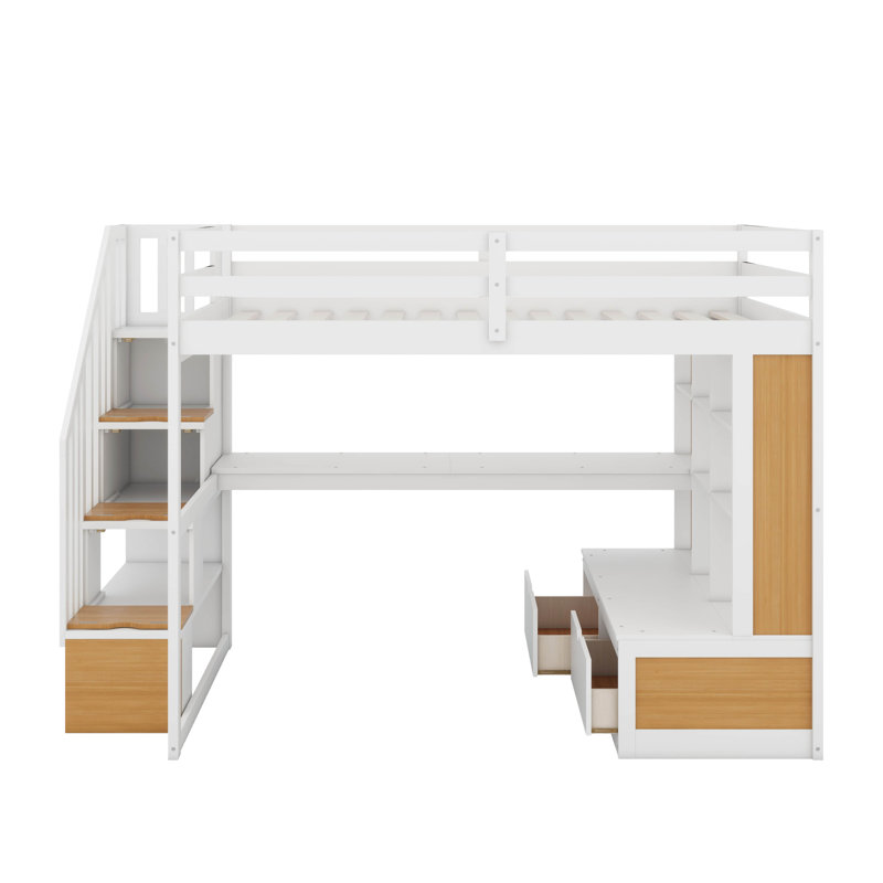 Lit mezzanine double avec bureau, tablettes et tiroirs, Blanc/naturel