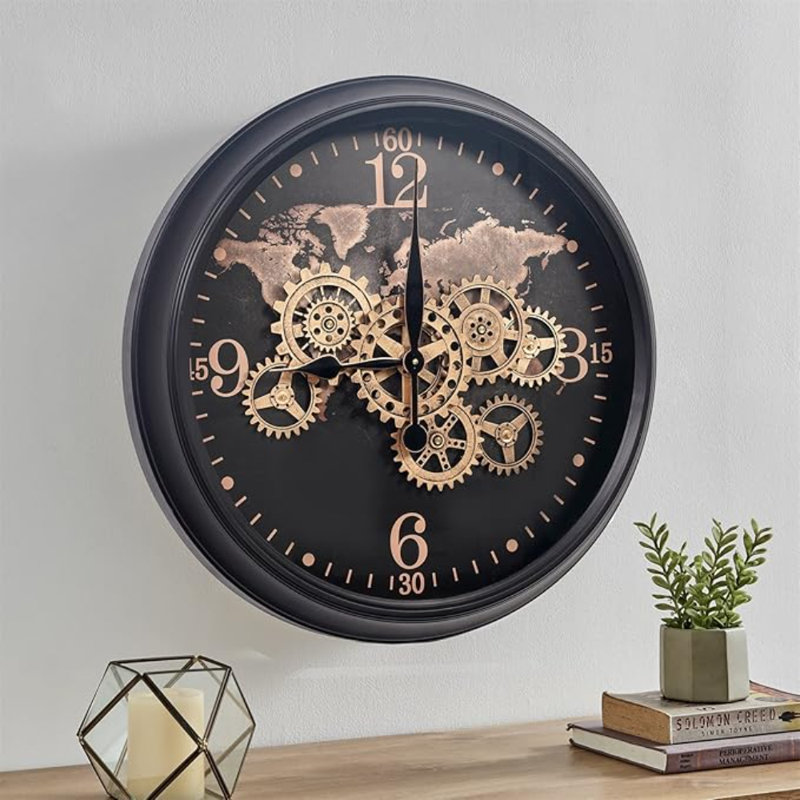 Horloge murale CLXEEST 24 pouces avec motif de carte du monde, grande horloge murale en métal doré noir pour décor de salon de campagne moderne, Reloj De Pared Para Sala