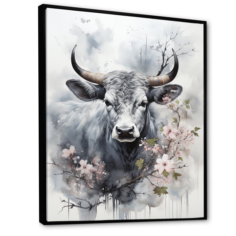 Bania, art asiatique, vache Sumi V, Cadre flottant noir, H 40 po x l 30 po x P 1,5 po