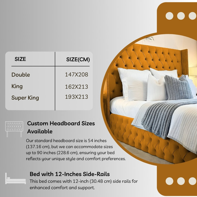 Ottoman Upholstered Bed - Ripple Plush Velvet Gas Lift Storage with Headboard, Mustard, King (162 x 213 cm)