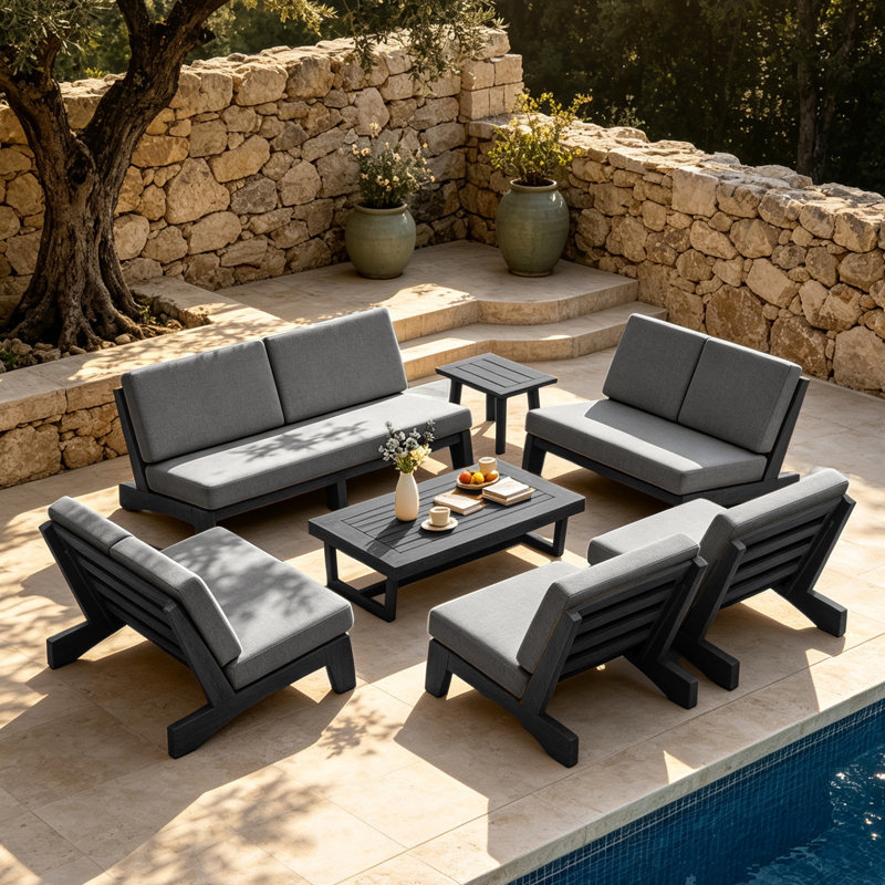 Ensemble de conversation Polett, 7 pièces: 2 tables, 2 causeuses, 2 chaises, canap, Grey, Black