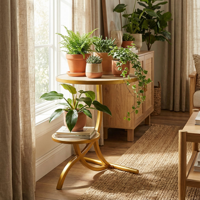 Pazong Round End Table with Shelf, Gold with Faux Leather Top