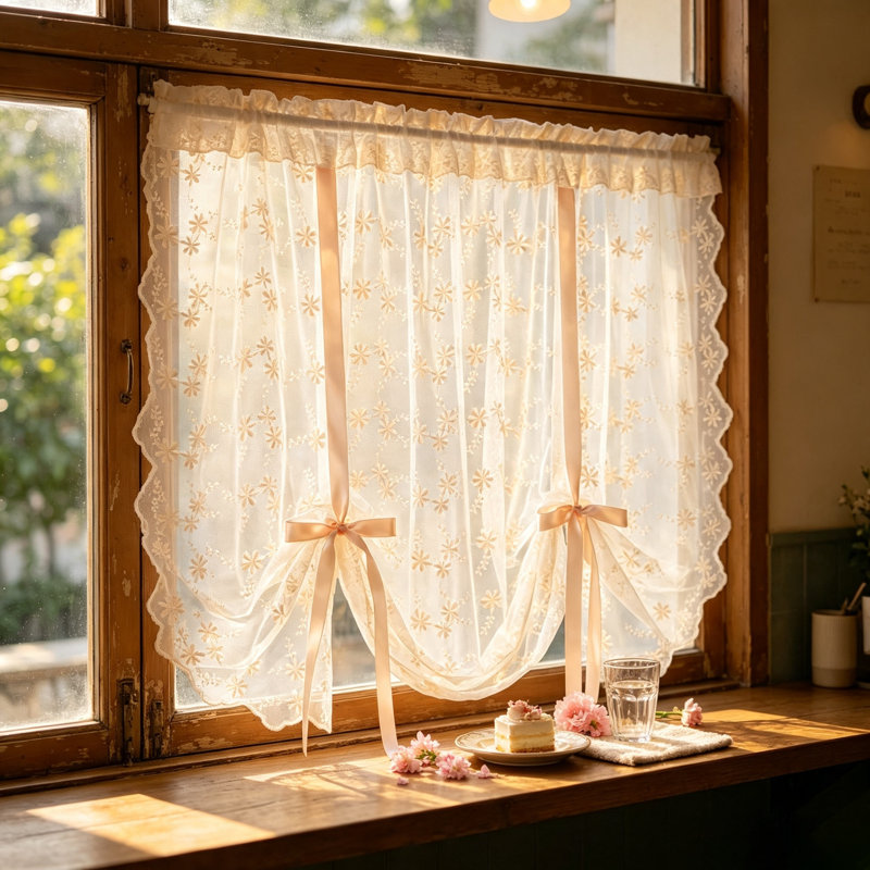 Rod Pocket Bowknot Tie Up Kitchen Curtain Floral Balloon Lace Sheer Curtain Tiers For Small Cafe Windows Light Filtering Ruffled Voile Window Valance For Wedding 1 Panel