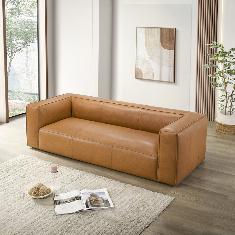 Canapé moderne en cuir véritable Latravion, Cuir véritable brun clair