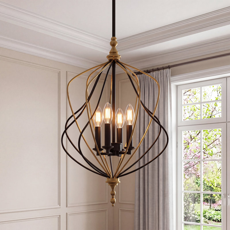 4-Light Gold & Black Geometric Cage Pendant Light, Adjustable Height