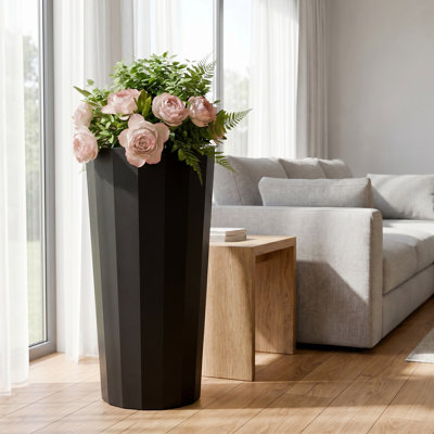 23.6-Inch Tall Tapered Round Plastic Planter Set Of 2, Modern Wide-Striped Decorative Flower Pot For Indoor Outdoor Garden Patio Deck And Front Porch