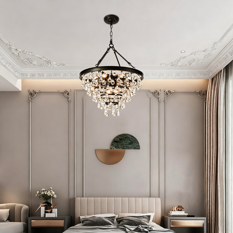Modern Minimalist Black Wrought Iron Crystal Chandelier