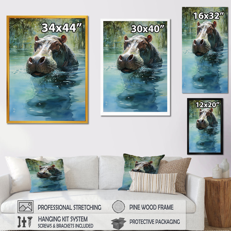 «Grey Powerful Hippo Waters Reflect II - Hippopotamus», art mural, Cadre simple noir, H 20 po x l 12 po x P 1 po