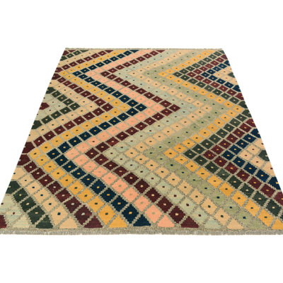 Tapis vert / jaune / brun à motif de chevrons fabriqué à la main 5 pi 6 po x 6 pi 6 po Sinclair