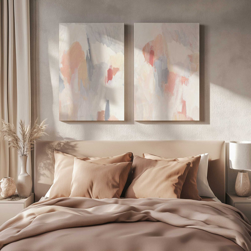 Soft Blush and Cream Abstract Set of 2, Wrapped Canvas, 13" H x 40" W
