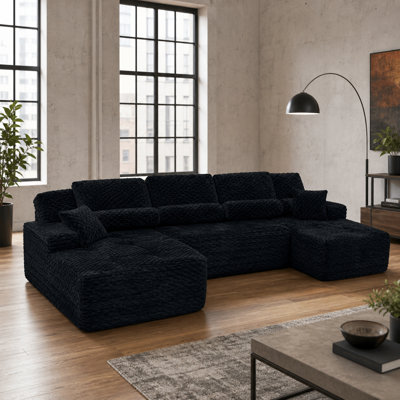 137.8'' W Black Plush U-Shaped Sectional Sofa With Double-Layer Cushions
