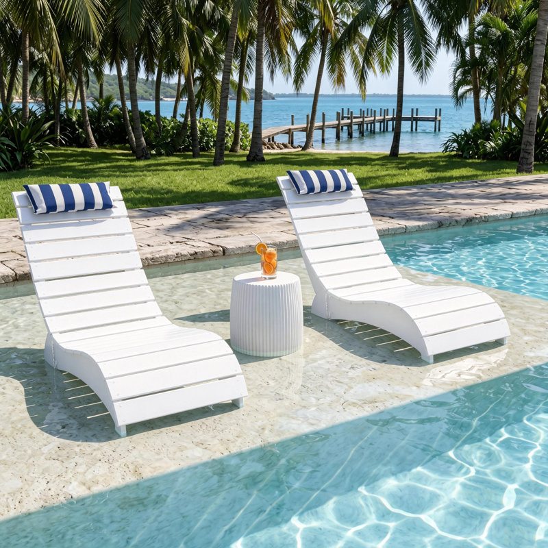 HDPE Patio Chaise Lounge, Waterproof Ergonomic Design with 3-Position Adjustable & Headrest, for Pool, Deck & Beach, White