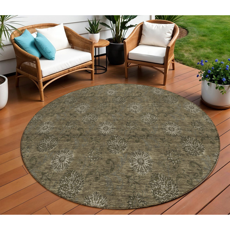 Tapis d'intérieur rond lavable floral brun et beige 8 pi