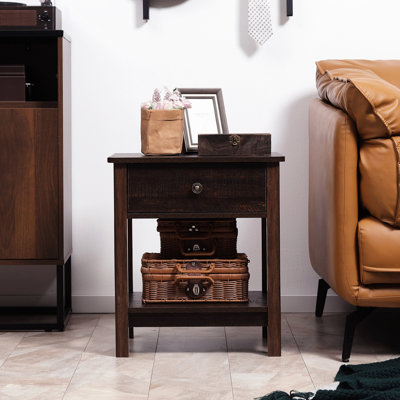 Table d'appoint brun foncé pour l'ameublement avec tablettes de rangement et tiroirs étroits
