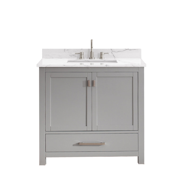Modero 36" Single Bathroom Vanity with Top, Carrera White Marble, Chilled Gray, Brushed Nickel