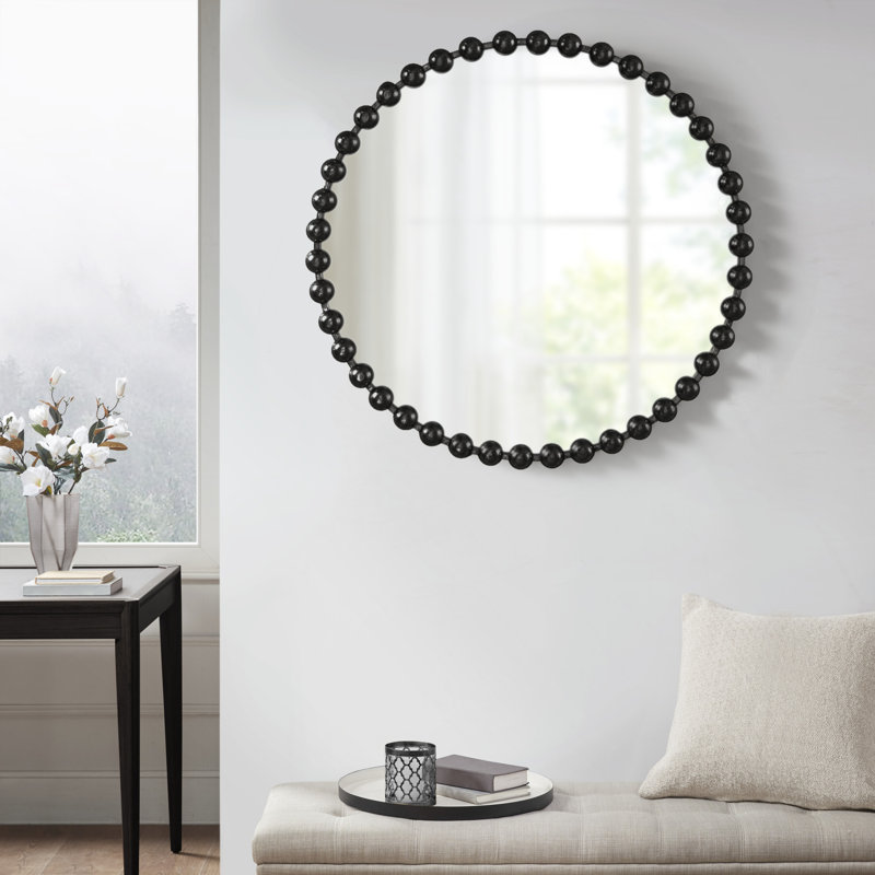 36" Round Black Beaded Frame Wall Mirror