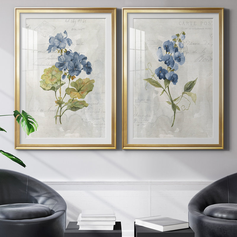 " Blue Linen Geranium " 2 - Pieces, 36.5" H x 26.5" W x 1" D, Gold Framed Paper, White