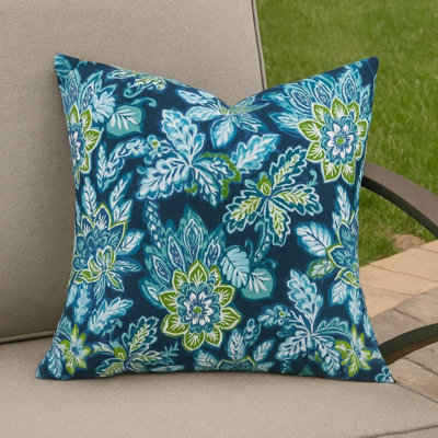 Turquoise Navy Floral Print Outdoor Pillow cover