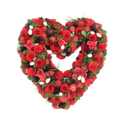 Couronne rouge en bois rose et botanique pour la Saint-Valentin 13,75 pouces non éclairée