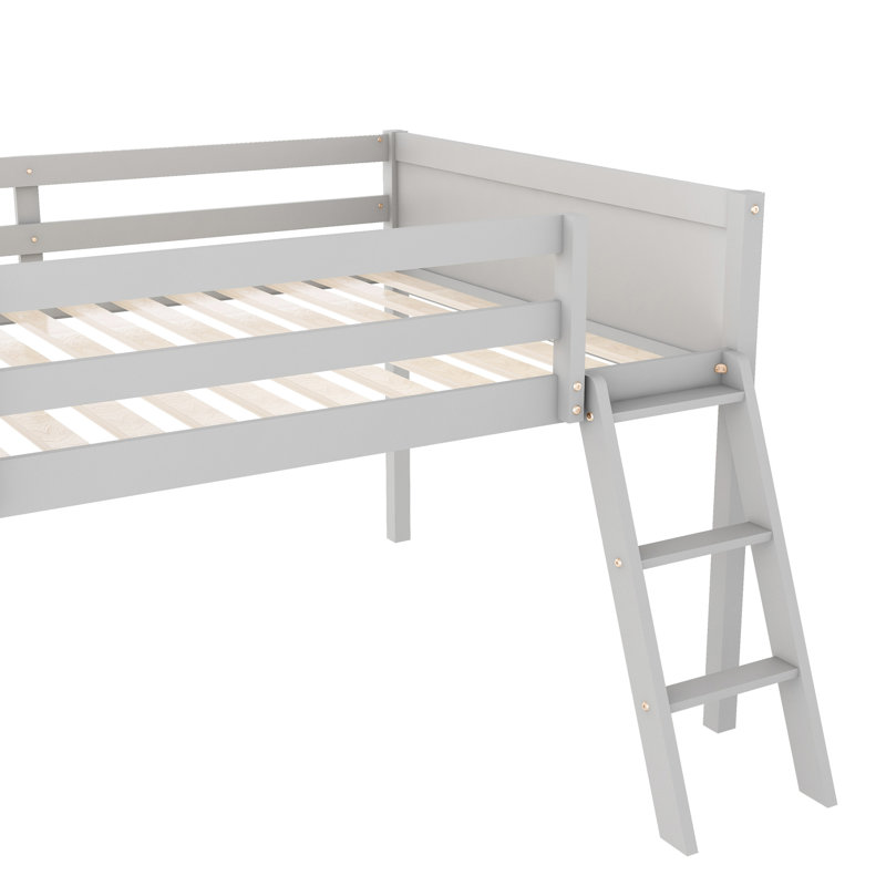 Lit mezzanine double en bois pleine grandeur de couleur grise, fonctionnel, sans sommier tapissier, montage rapide avec fonction portante, installation facile