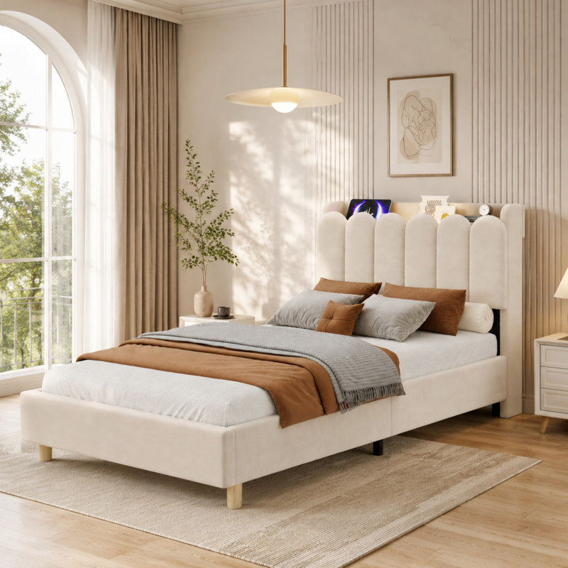 Upholstered Bed, Beige