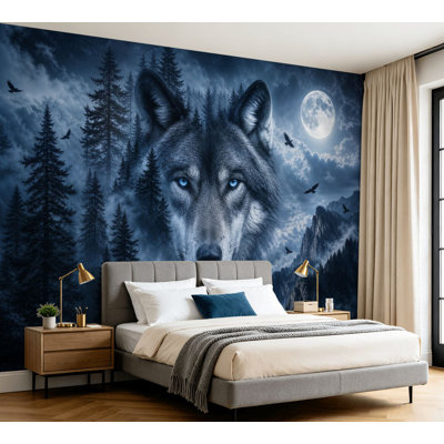 Papier peint adhésif autocollant loup bleu majestueux Scène de forêt, papier autocollant amovible pour décoration de salon Chambre à coucher H 100 po x l 144 po