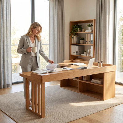 Bureau en L en bois massif avec tablettes de rangement intégrées et bureau d'angle moderne à pieds en lattes
