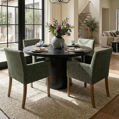 Ensemble de table de salle à manger pour 4 personnes avec table ronde en bois massif et 4 fauteuils rembourrés en lin