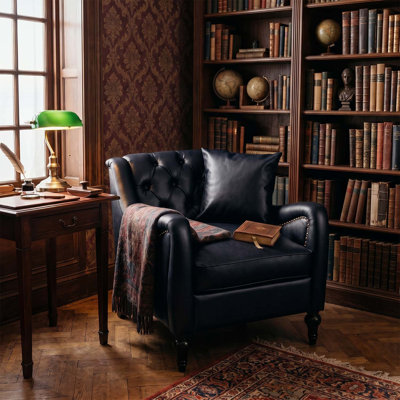 Fauteuil d'appoint en similicuir, canapé une place capitonné de style milieu du siècle avec structure en bois et pieds en bouleau, 3 couleurs