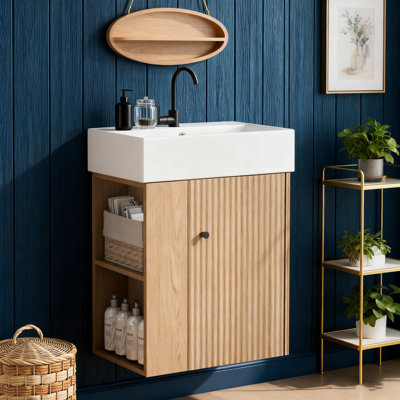 Meuble-lavabo flottant moderne 21,6 po - Lavabo en céramique avec rangement à gauche et poignée en or rose