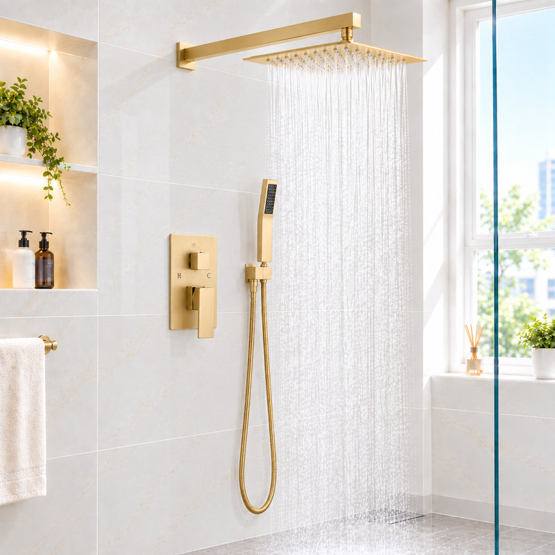 Système de douche 8000-12Inch avec pomme de douche à pluie 12 pouces et douchette, Or brossé
