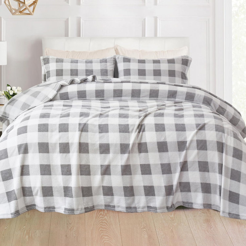 Ensemble de 4 valises pour chambre d'amis, Ensemble de draps pour grand lit avec 2 taies d'or, Gris carreauté
