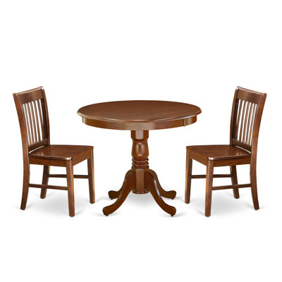 3 Piece Dining Room Table Set Contains a Round Kitchen Table with Pedestal and 2 Dining Chairs, 36x36 Inch, Mahogany