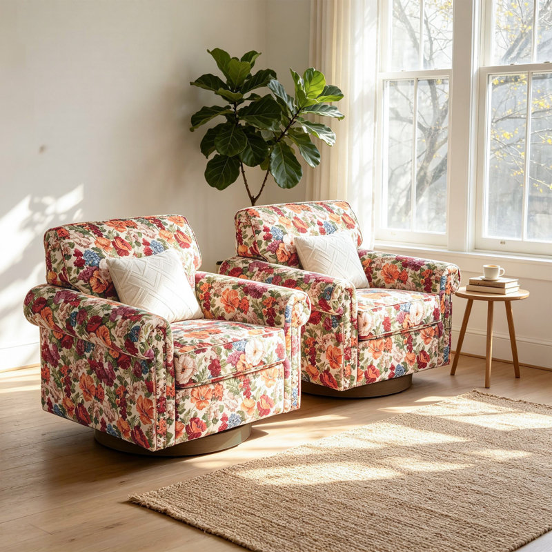 Fauteuil pivotant rembourré avec accoudoirs roulés et garniture cloutée, Beige Floral