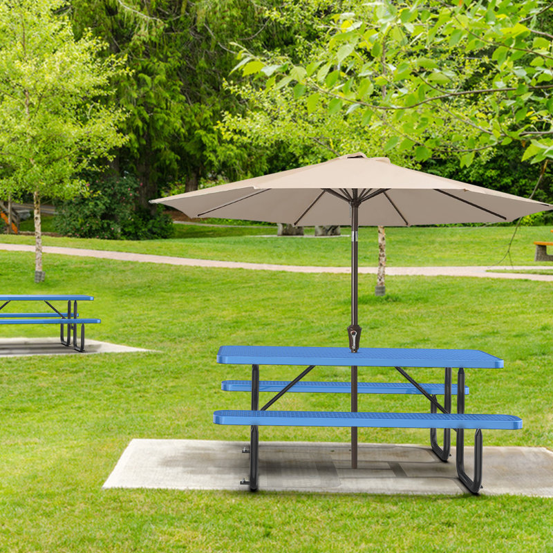 Table de pique-nique rectangulaire en métal avec trou pour parasol, H 30 po x l 72 po x P 30 po, Bleu