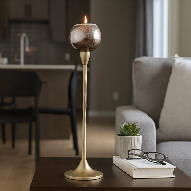Decorative Pillar Candle Holder with Metal Base - Modern Tabletop or Floor Candle Holder for Table and Living Room Decor - Gold & Metallic