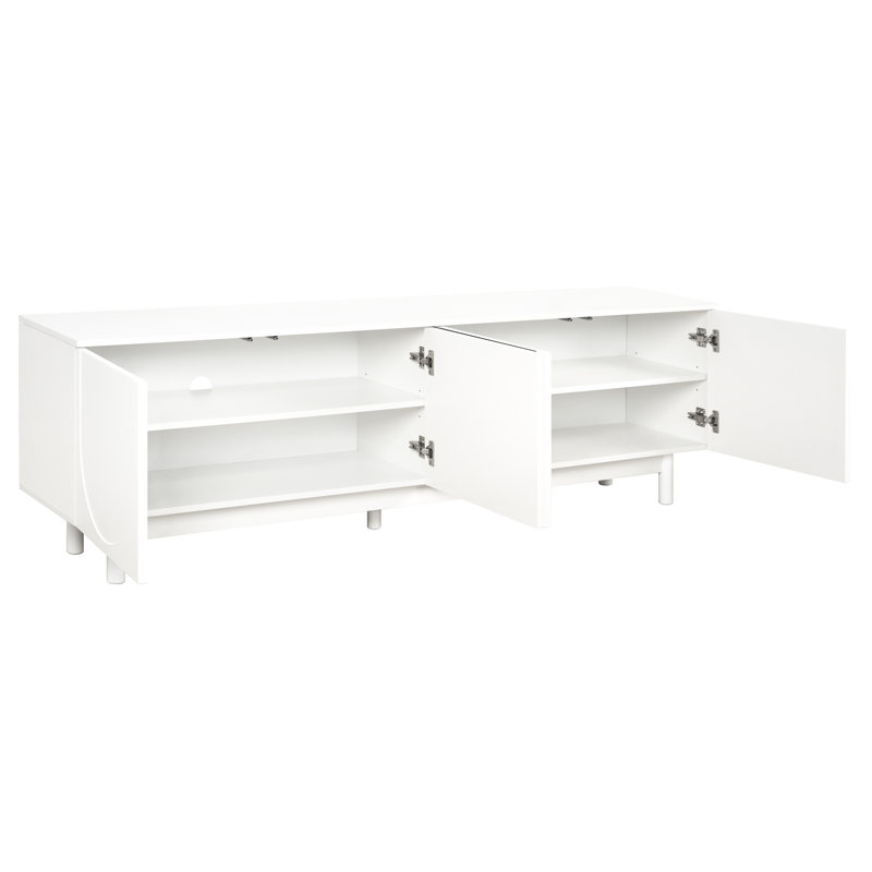 Meuble télé minimaliste avec porte en arche pour téléviseur de 78 po: blanc, pieds en bois massif, tablettes réglables, armoires au design épuré