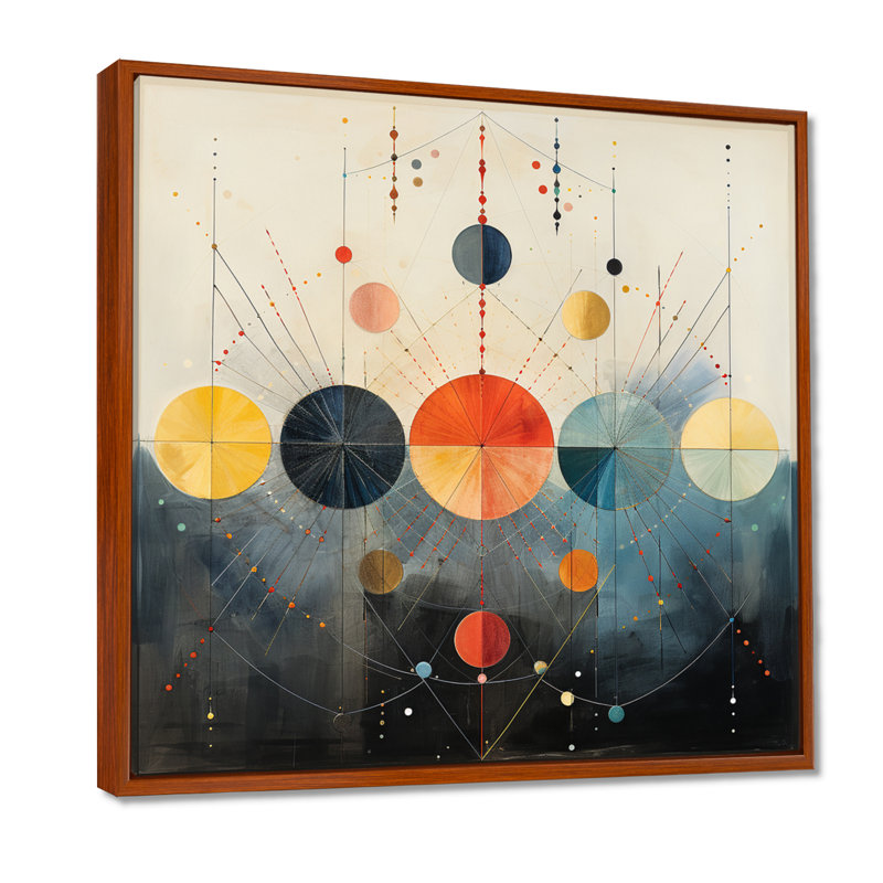 Art mural circulaire rétro - géométrique, H 16 po x l 16 po, Cadre flottant brun