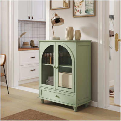 Buffet Farmhouse avec portes en verre à double arche, armoire de rangement verte avec plateau à niveaux et 1 tiroir pour la cuisine, le salon, le bar à café