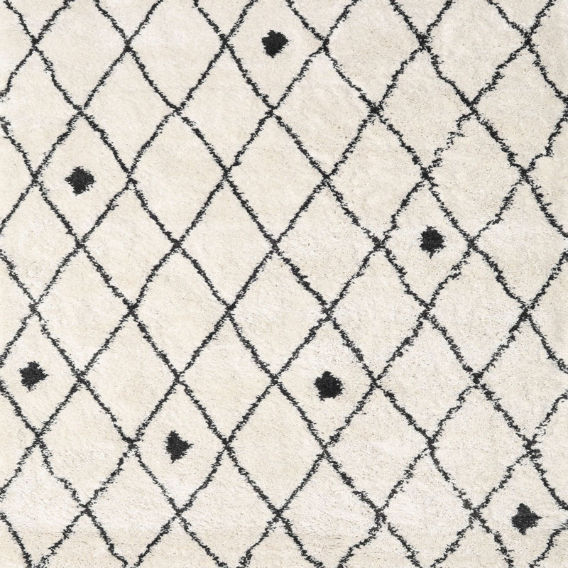 Tapis blanc/noir contemporain, Carré 6 pi