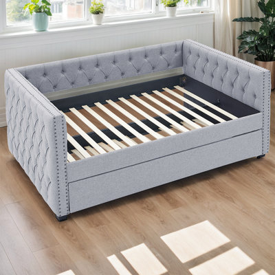 Mid-Century Upholstered Daybed With Pull-Out Trundle - Button-Tufted Sofa Bed For Living Room & Guest Space by Lark Manor