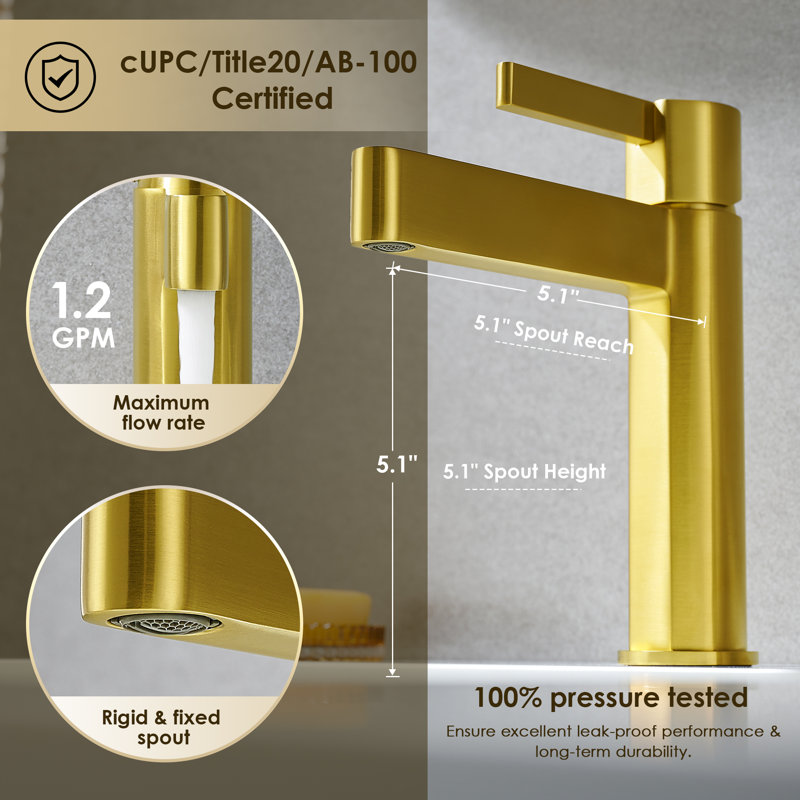 Stila Single Hole Single-Handle Bathroom Faucet , Brushed Gold
