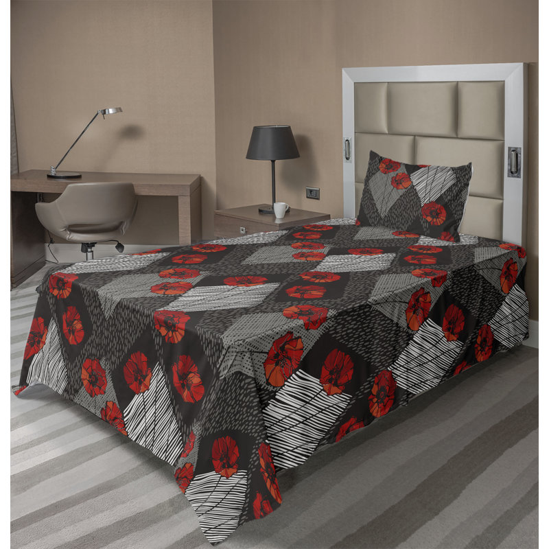 Ambesonne Watercolor Botany Sheet Set 4 Pcs Retro Boho Bloom, Twin Sheet Set with 1 Pillowcase, Dark Coral Pale Gray Floral