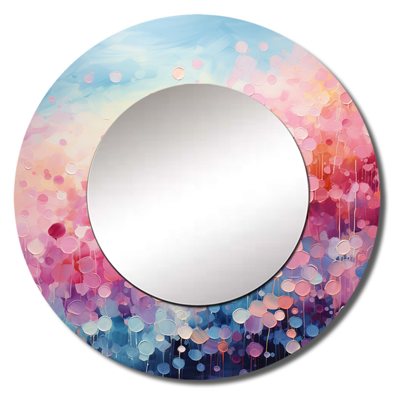 «Sellma Cotton Candy I» - miroir décoratif paysager, grand miroir mural rond moderne, impression d'art en métal