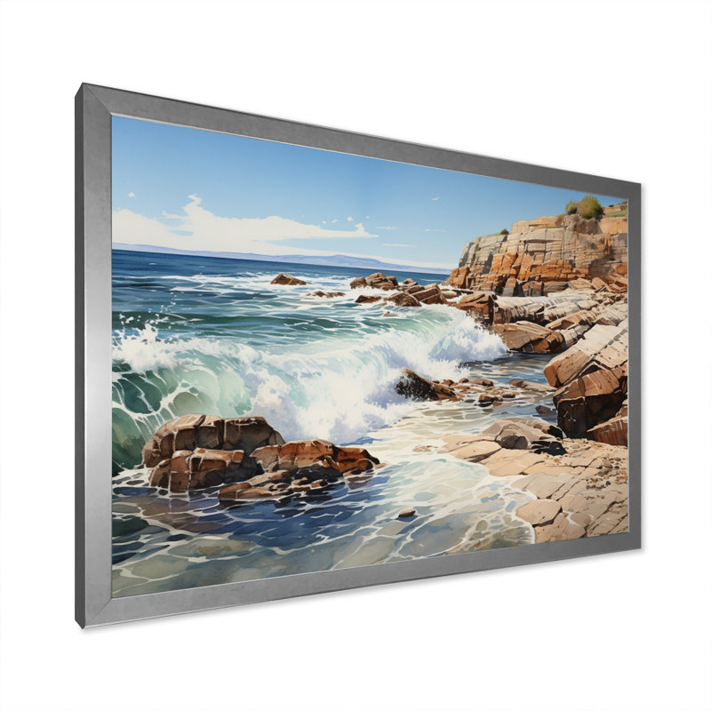 Sachem Rocky Beach, textures rocheuses sur toile, Cadre simple argenté, H 16 po x l 32 po x P 1 po