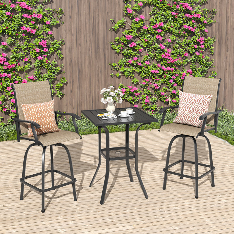 3 Pieces Patio Bar Set with Square Bar Table and 2 Textilene Swivel Bar Chairs