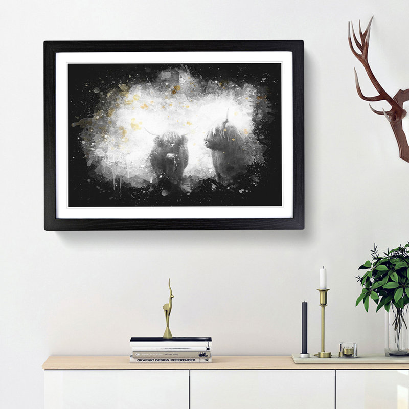 Two Highland Cows - Picture Frame Graphic Art Print, 24cm H x 33cm W x 2cm D, Black Framed