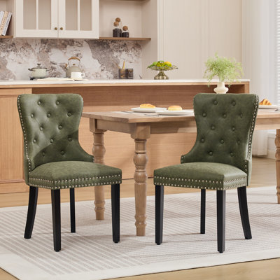 Modern Tufted Leather Dining Chairs With Solid Wood Legs (Set of 2)