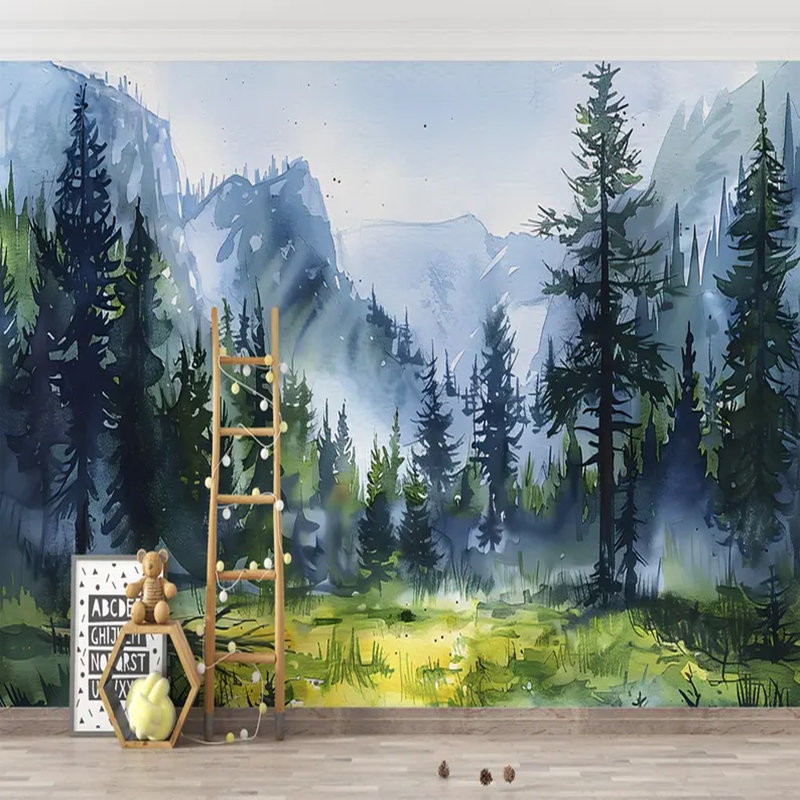 Murale aquarelle Misty Evergreen Forest, L 138 po x l 105,96 po
